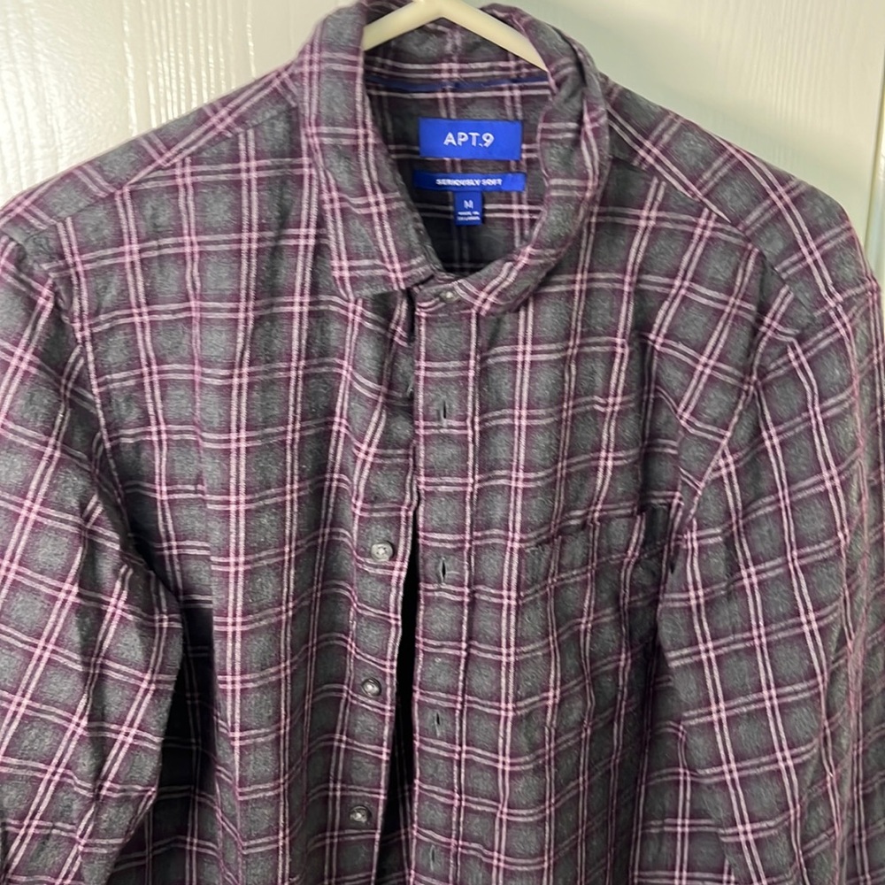 Apt. 9 Seriously Soft Medium Grey and Purple Patterned Flannel Long Sleeve